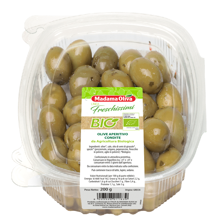 Olive-Aperitivo-condite da agricoltura biologica linea-freschissimi bio Madama Oliva