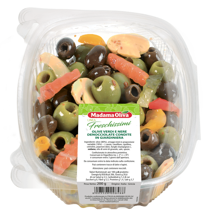 Olive-Verdi-Nere-Denonocciolate-Condite-Giardiniera-linea-freschissimi-madama oliva